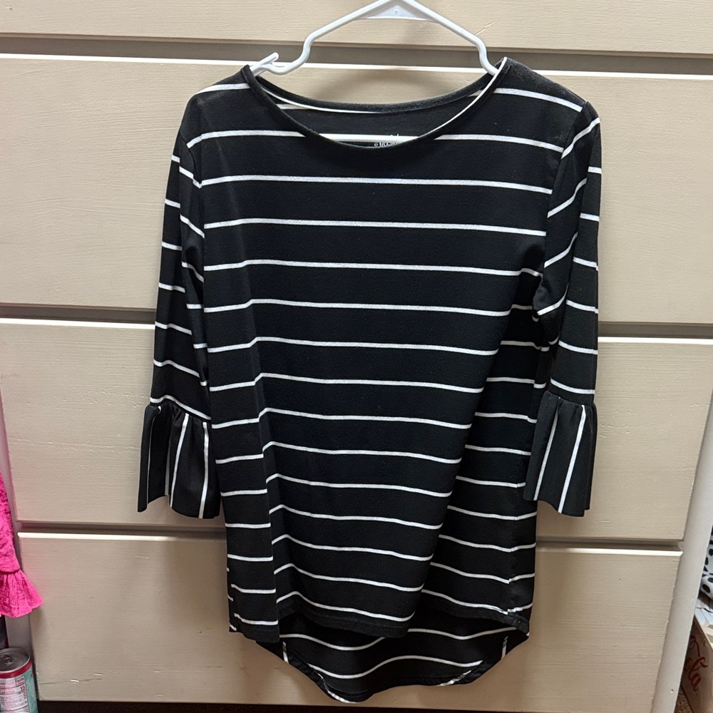 Tickled Teal Black and White Striped  Top